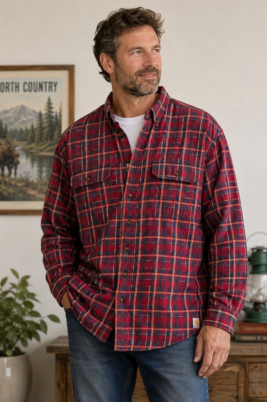 Carhartt Relaxed Fit 4XL Red Plaid Flannel Shirt 100% Cotton Button Down Men's